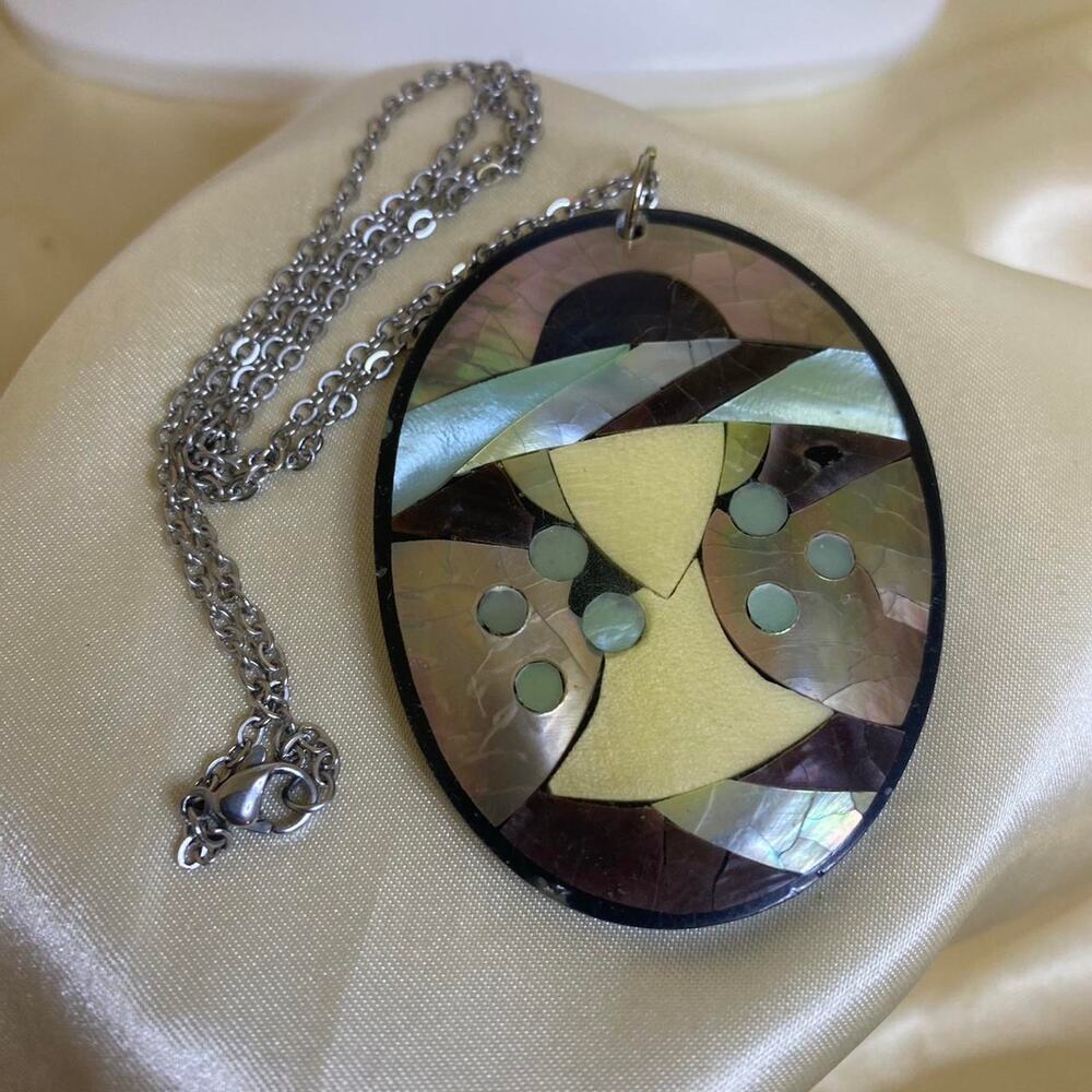 Vintage Mother of Pearl Mosaic Abstract Geometric Necklace Stainless Steel Chain